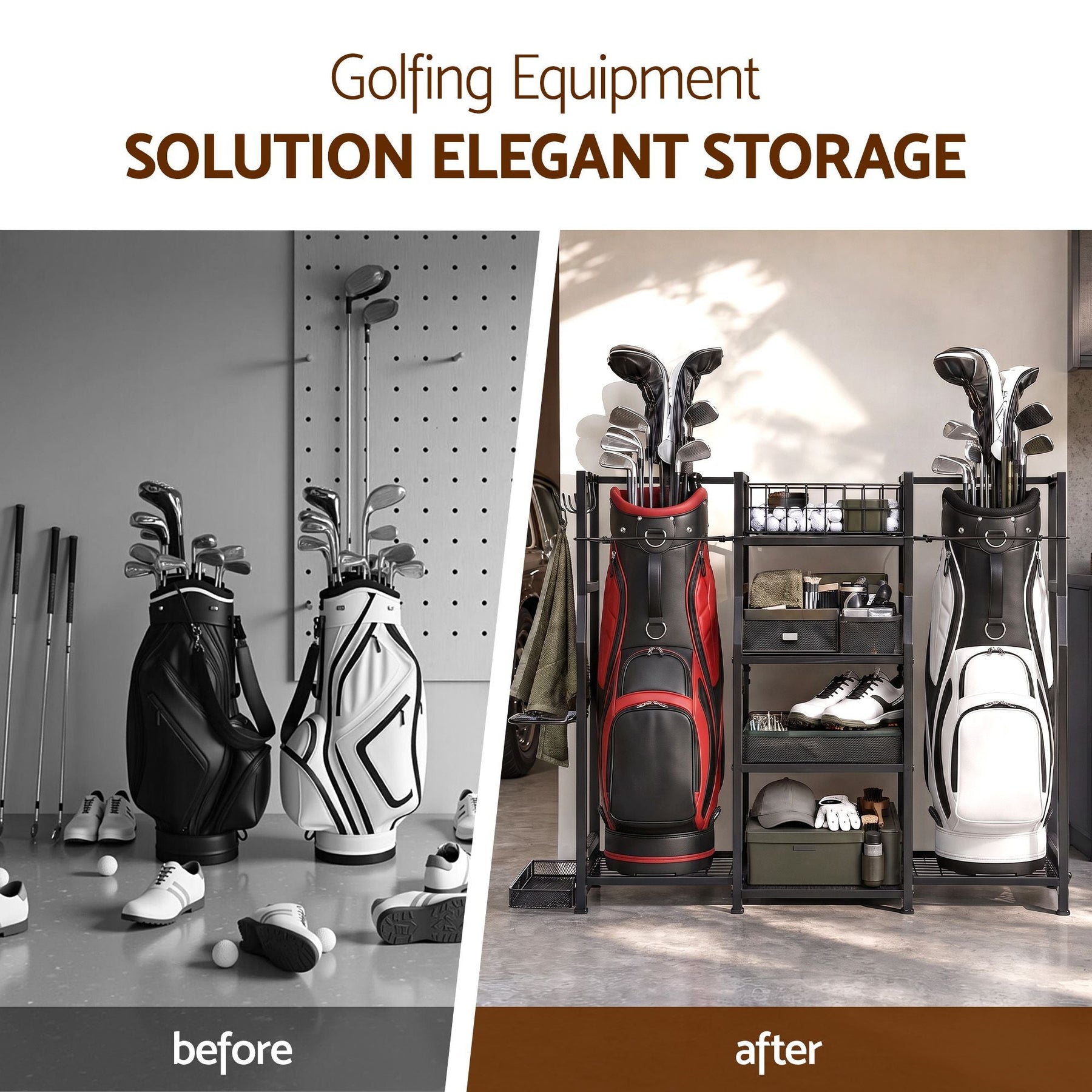 Everfit Golf Bag Storage Golfing Equipment Rack Holds 2 Bags 16 Clubs - SportZone.co.nz