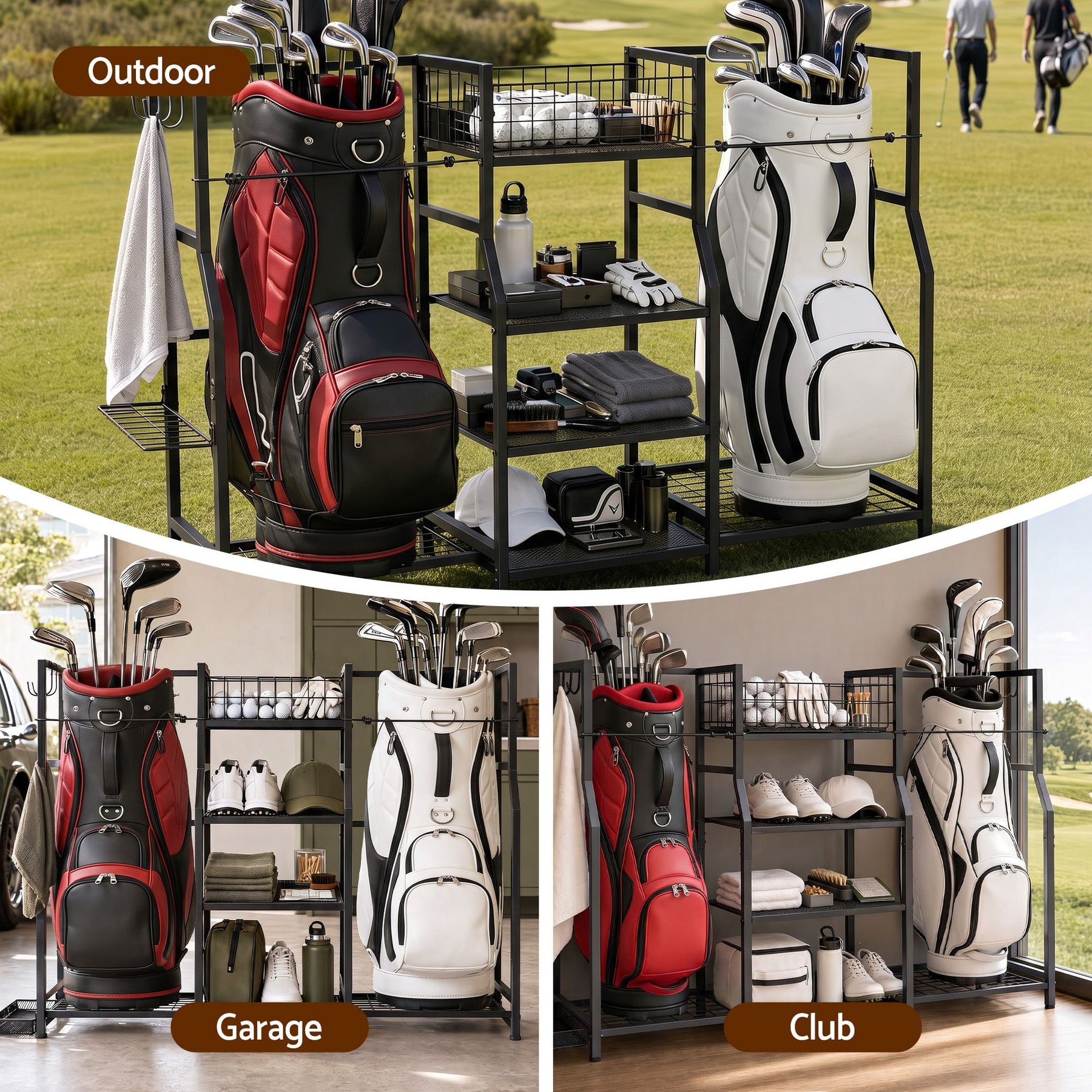Everfit Golf Bag Storage Golfing Equipment Rack Holds 2 Bags 16 Clubs - SportZone.co.nz