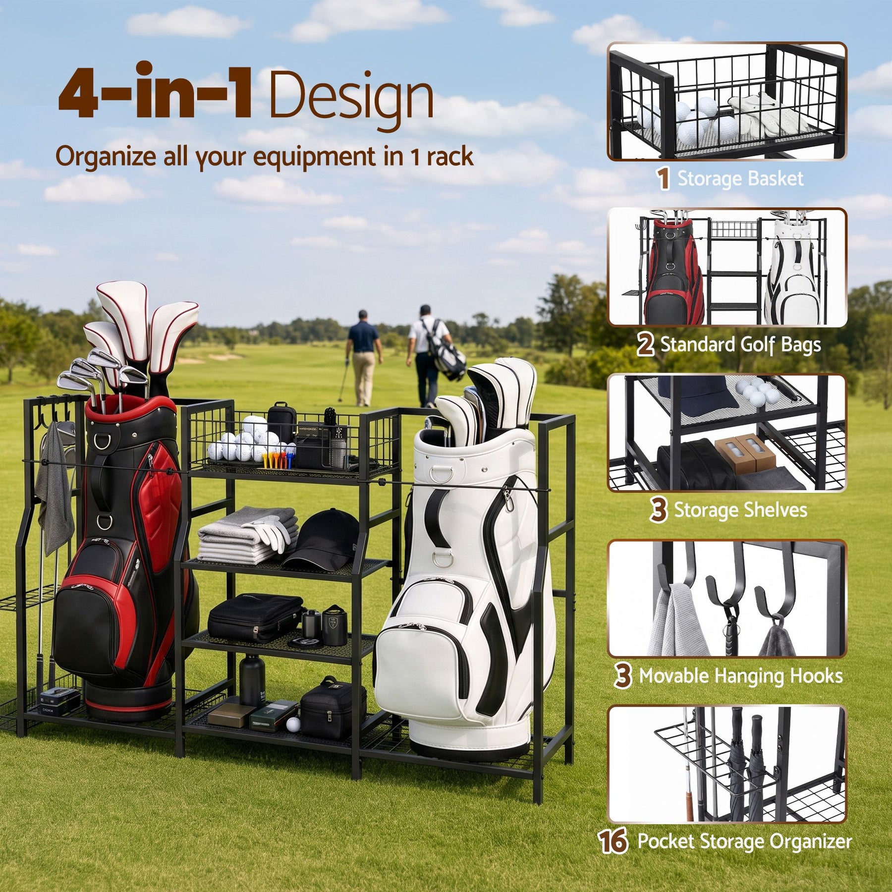 Everfit Golf Bag Storage Golfing Equipment Rack Holds 2 Bags 16 Clubs - SportZone.co.nz