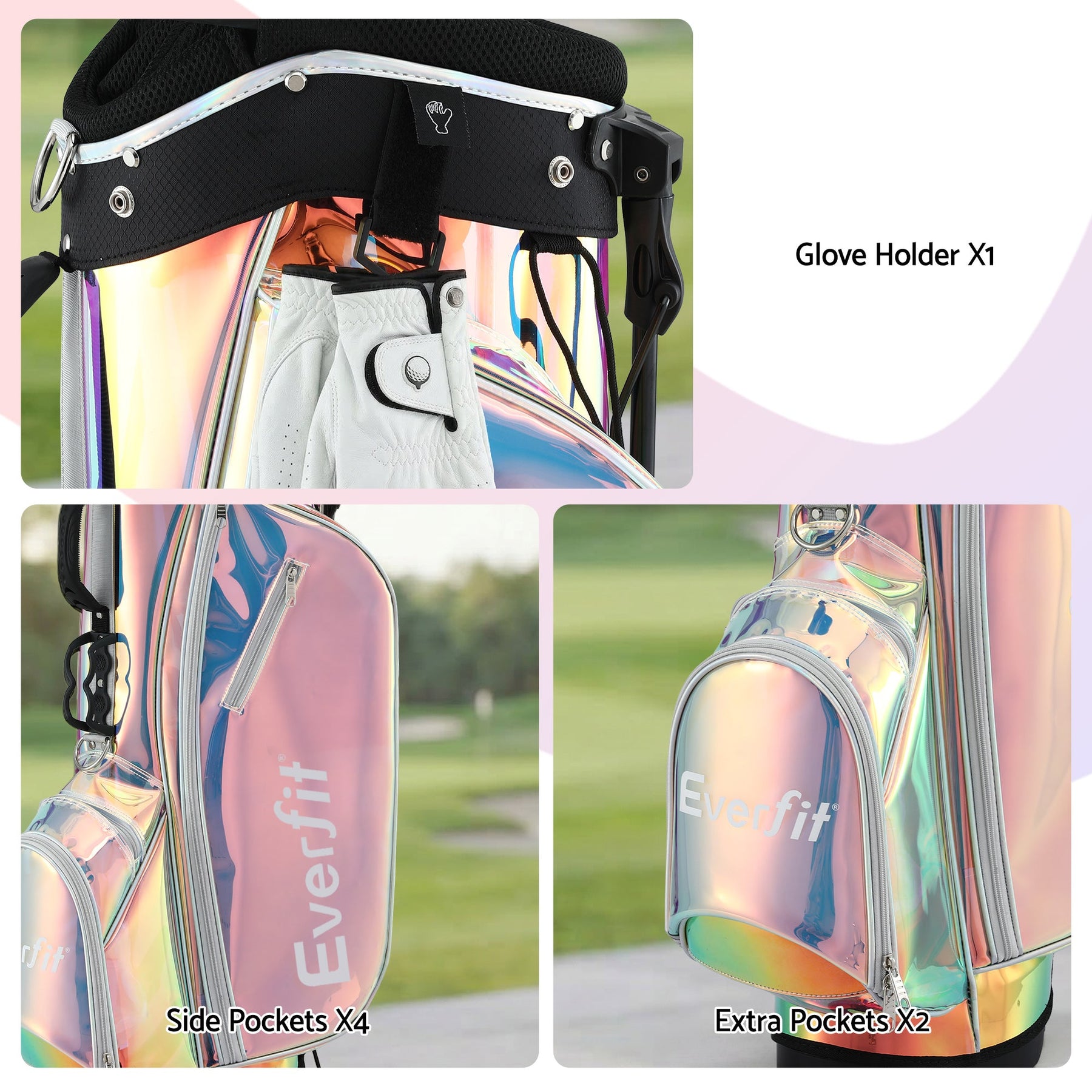 Everfit Golf Stand Bag Lightweight Carry Bag Dual Strap Club Divider Holographic - SportZone.co.nz