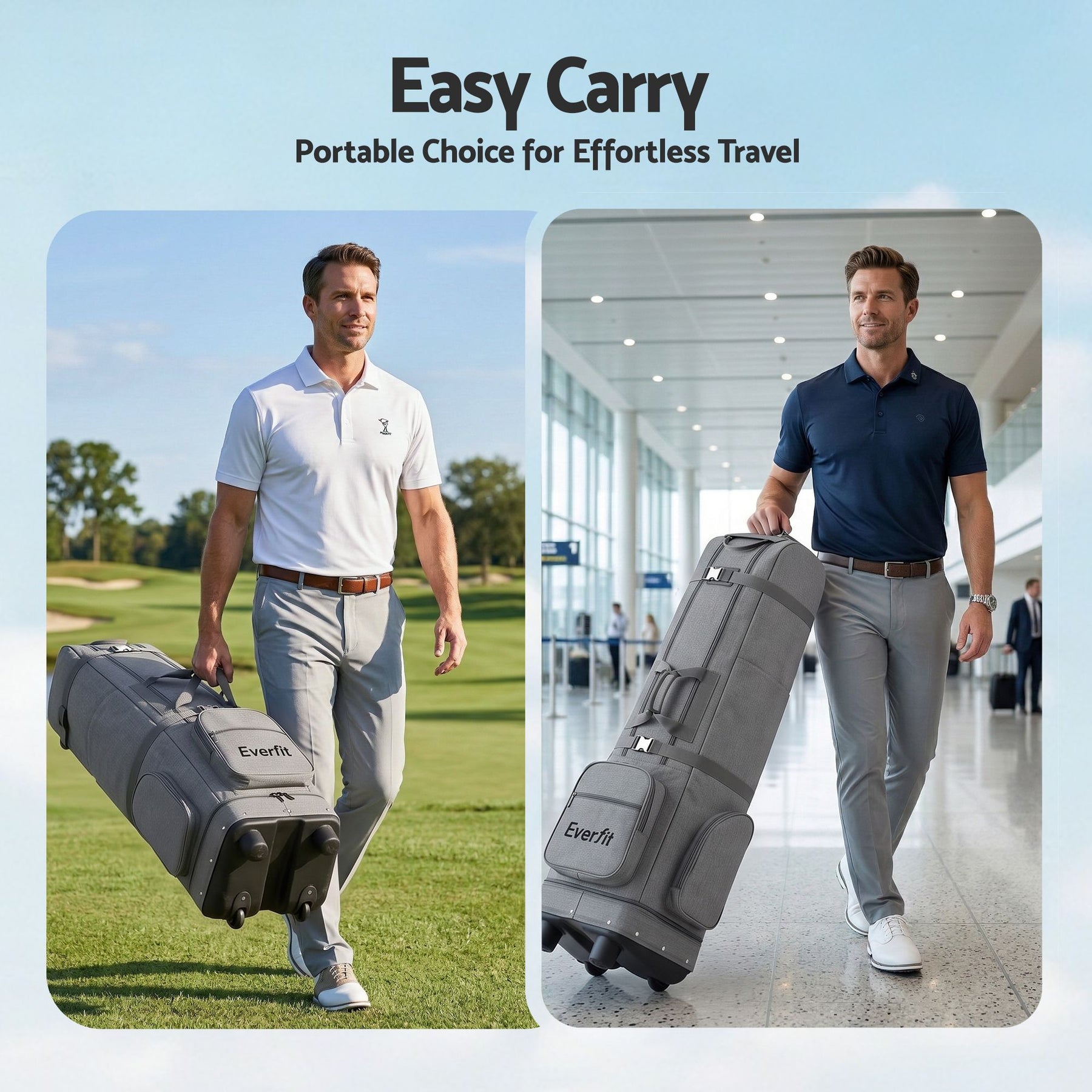 Everfit Golf Travel Bag Flight Cover Foldable Soft Case Wheels Grey - SportZone.co.nz