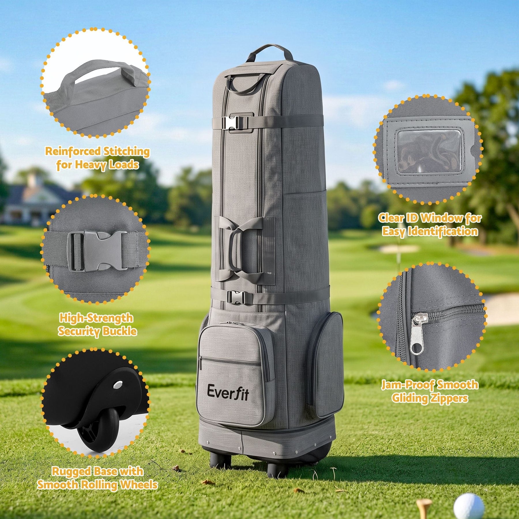Everfit Golf Travel Bag Flight Cover Foldable Soft Case Wheels Grey - SportZone.co.nz