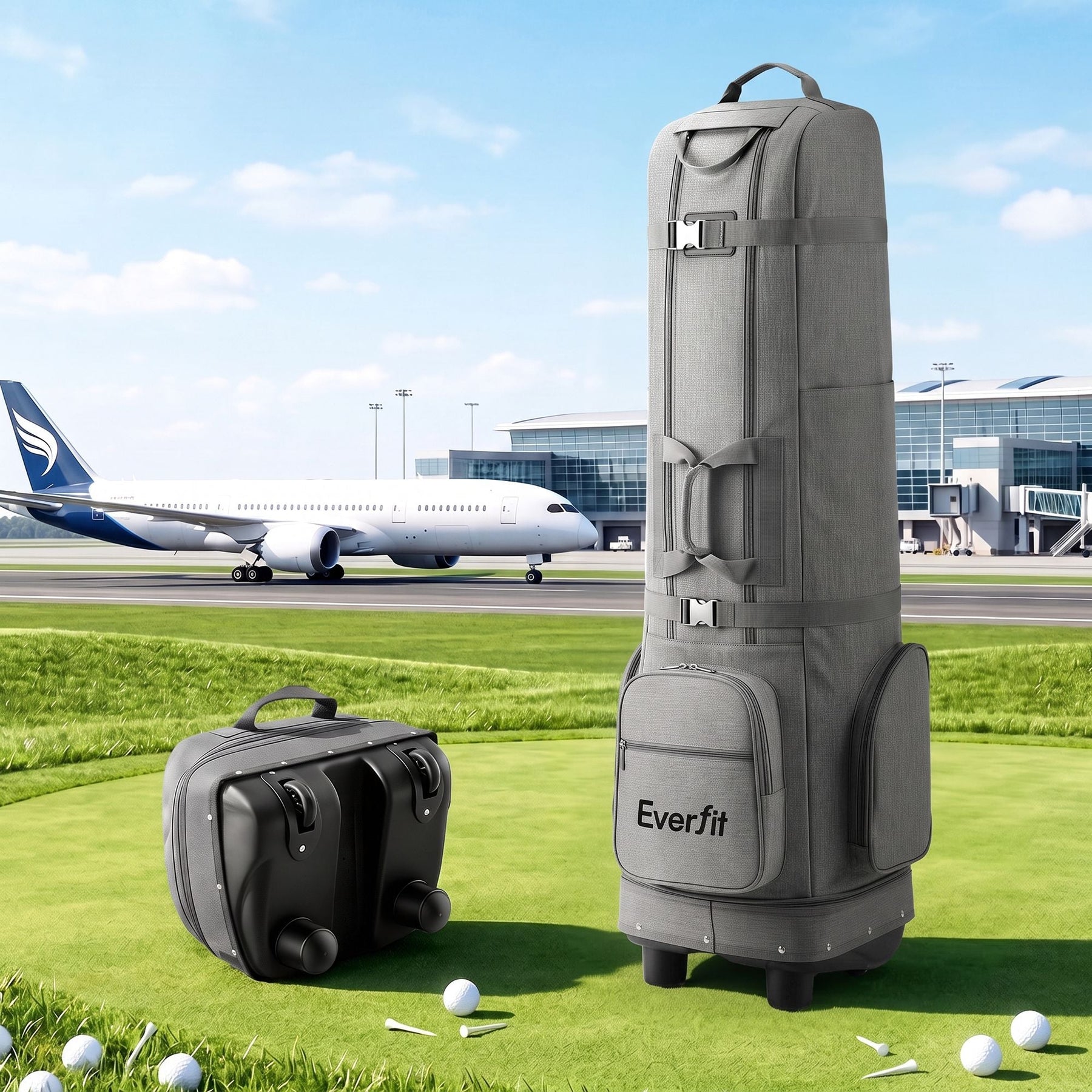 Everfit Golf Travel Bag Flight Cover Foldable Soft Case Wheels Grey - SportZone.co.nz