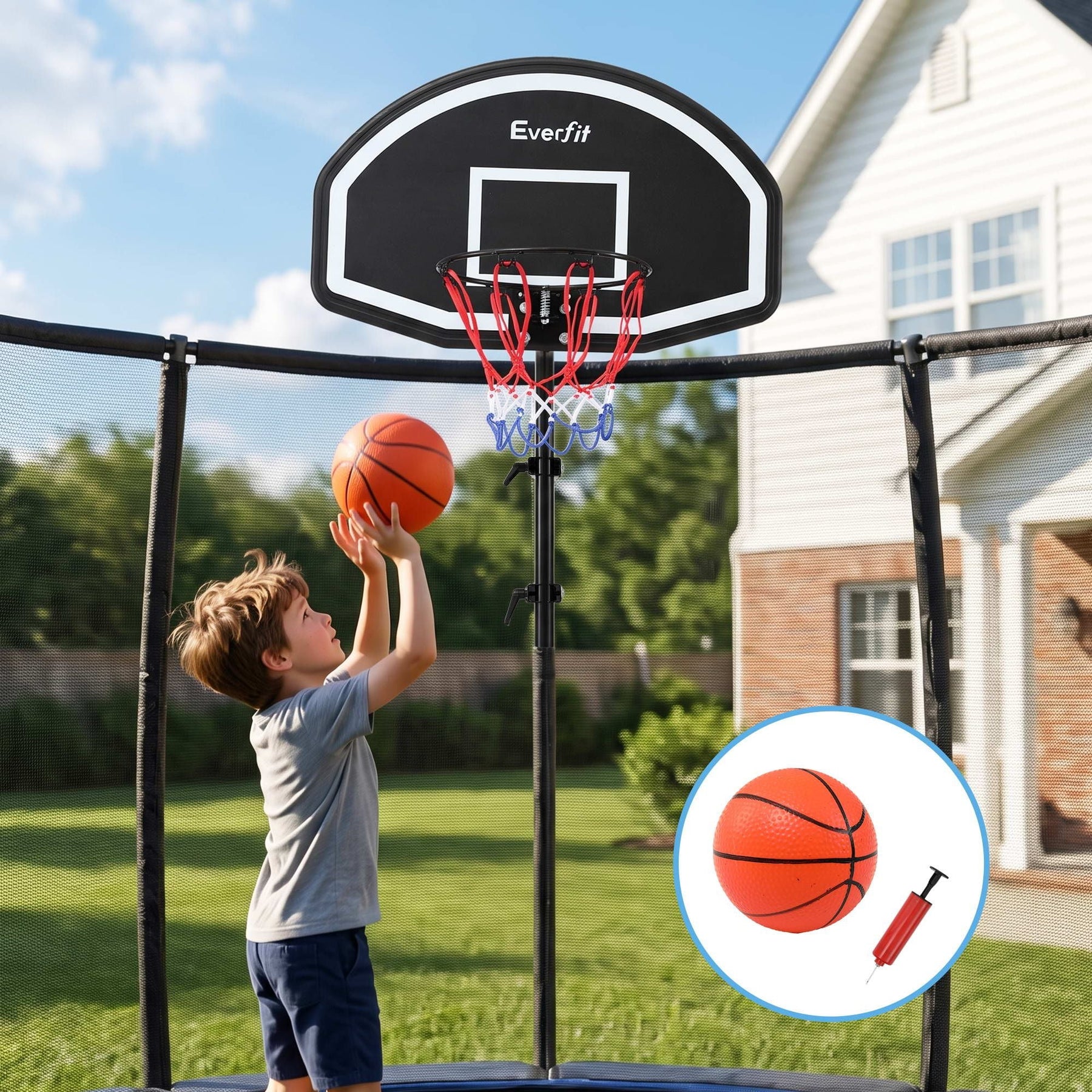 Everfit Kids Basketball Hoop with Ball and Pump Fit for Trampoline 25mm-32mm Poles Black - SportZone.co.nz