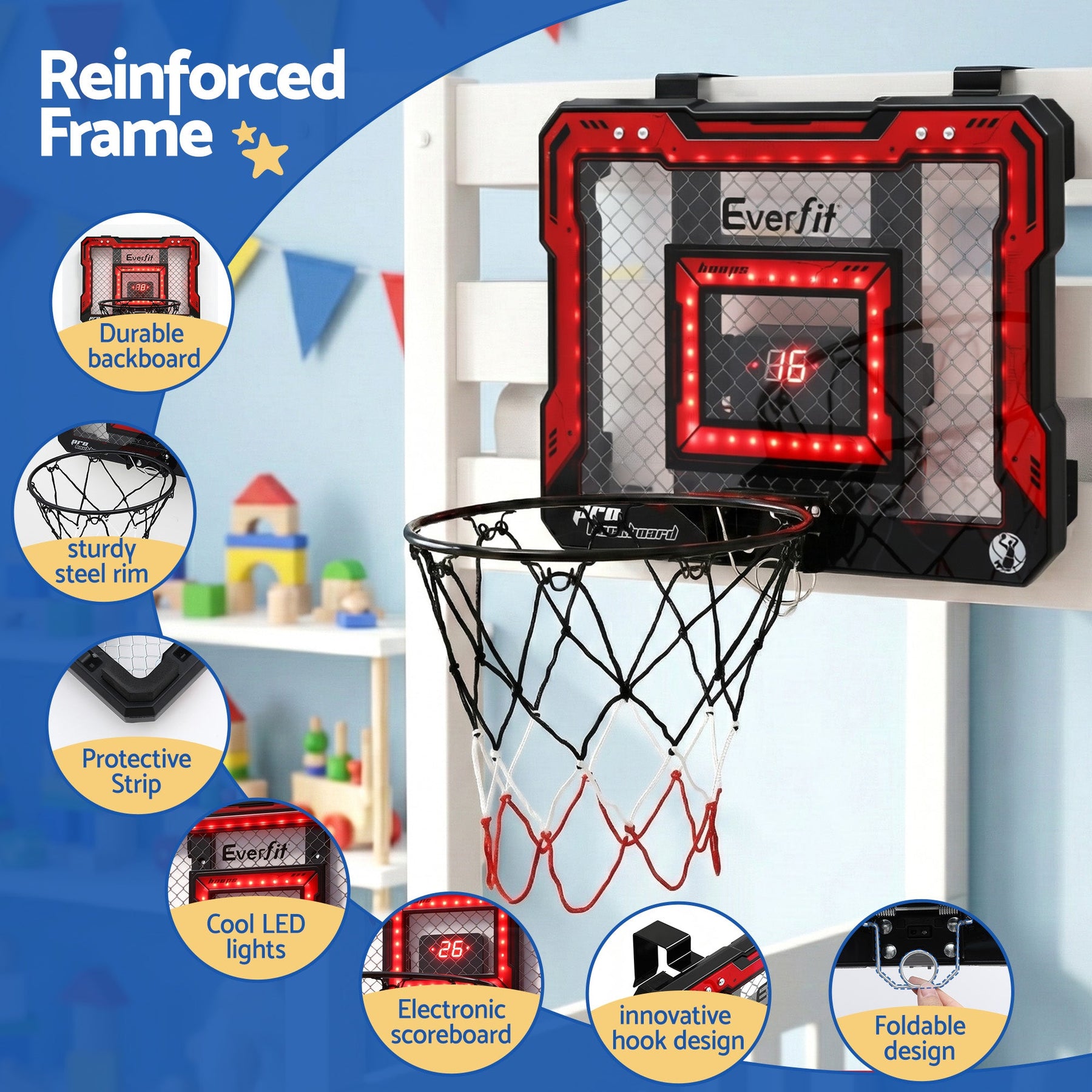 Everfit Mini Basketball Hoop Over Door Indoor LED Scoreboard Kids Set 40x30cm - SportZone.co.nz