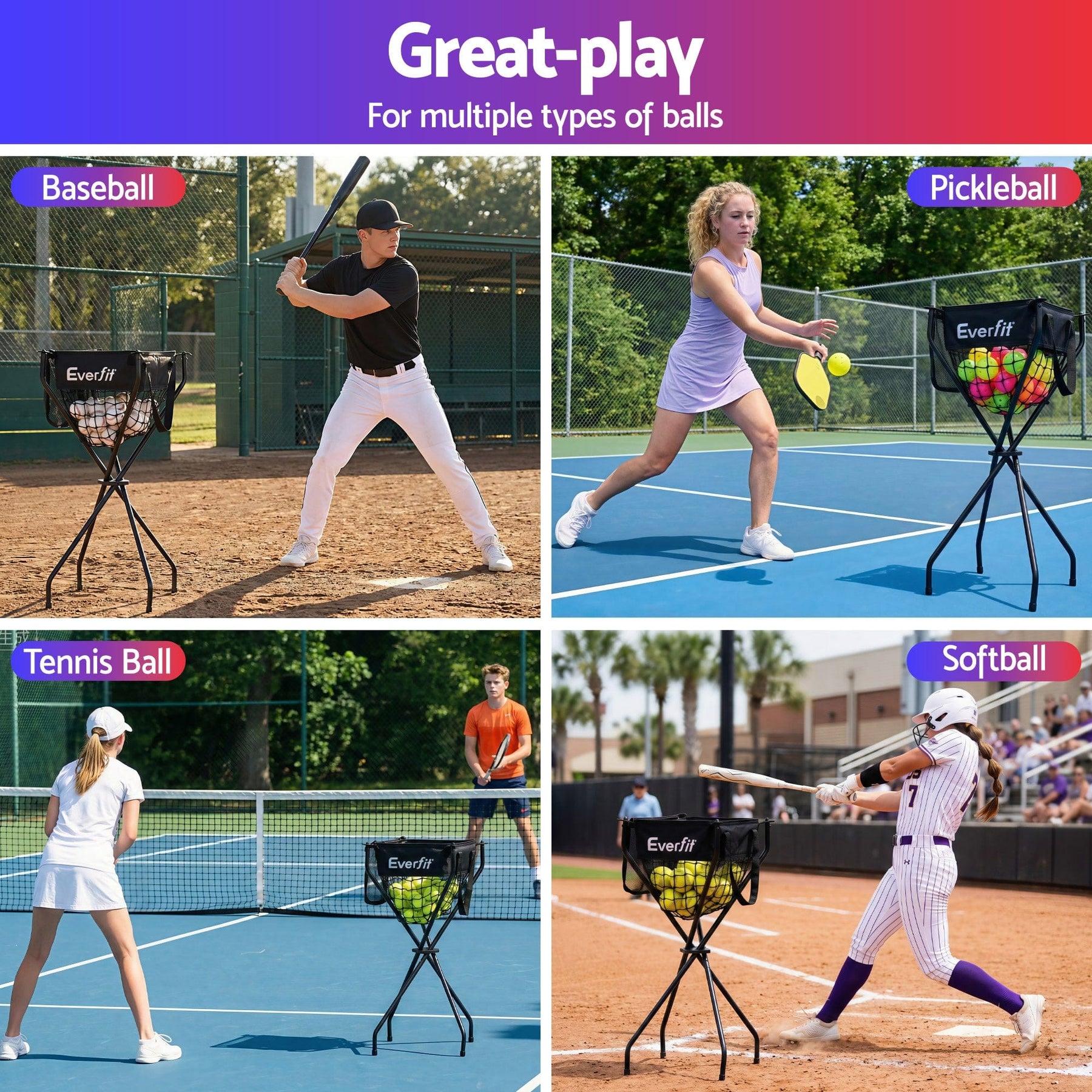 Everfit Portable Ball Cart Foldable Pickleball Tennis Baseball Softball - SportZone.co.nz