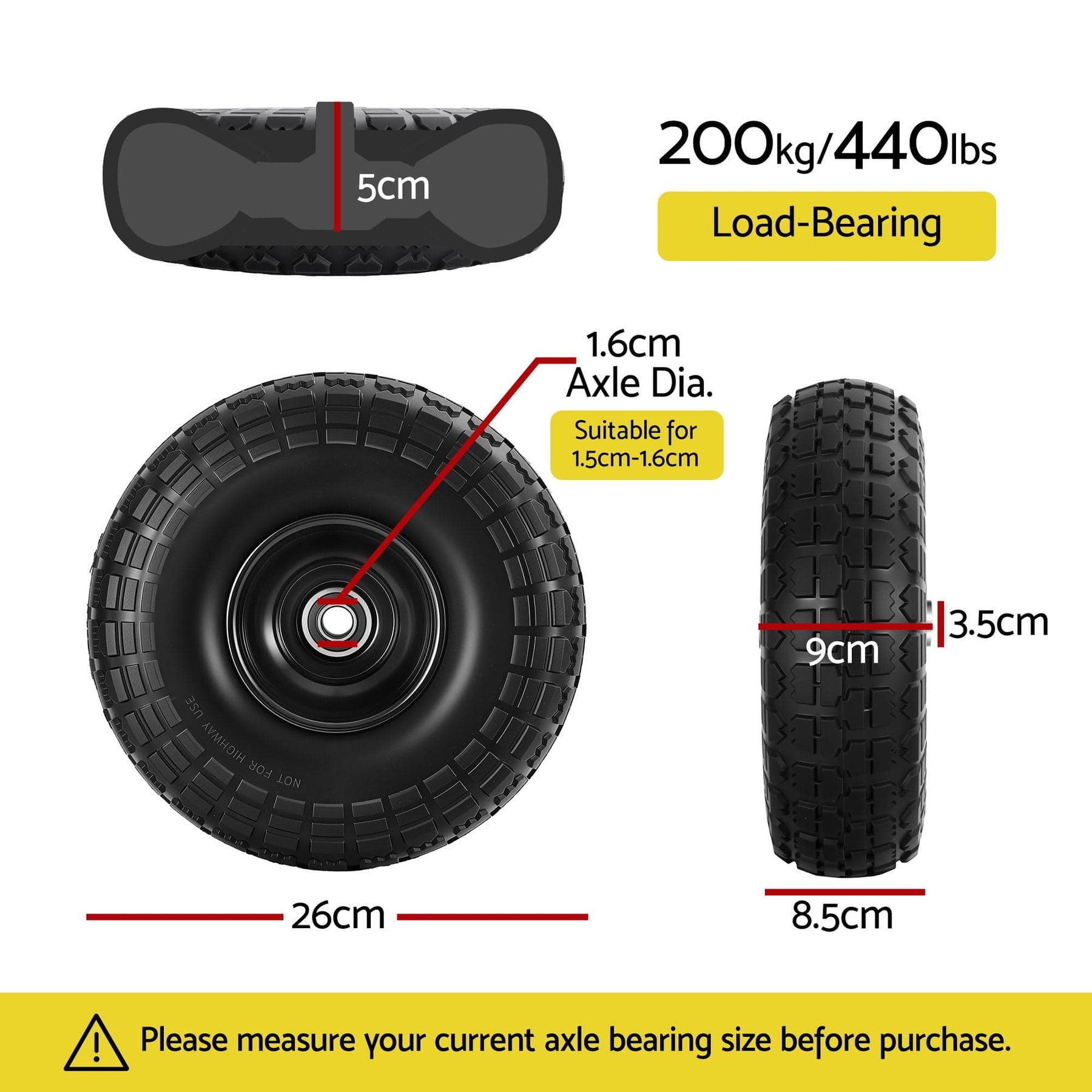 Gardeon 2pcs, 4.10/3.50 - 4 Tire And Wheel Flat Free, 26cm Solid Rubber Tires with 5/8 Axle Bore Hole And Double Sealed Bearings, Perfect for Wheelbarrow, Garden Cart, Wagon, Dolly - SportZone.co.nz