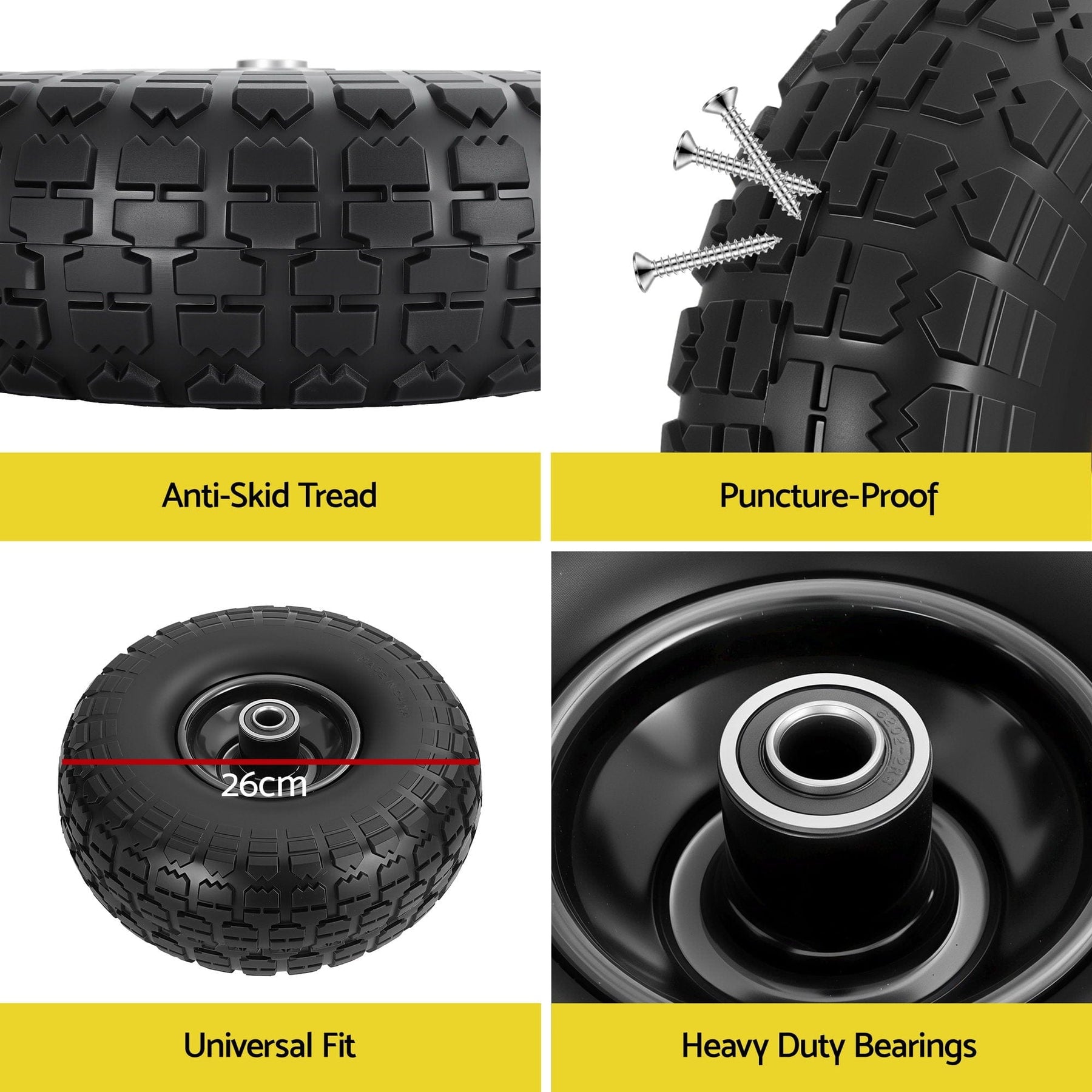 Gardeon 2pcs, 4.10/3.50 - 4 Tire And Wheel Flat Free, 26cm Solid Rubber Tires with 5/8 Axle Bore Hole And Double Sealed Bearings, Perfect for Wheelbarrow, Garden Cart, Wagon, Dolly - SportZone.co.nz