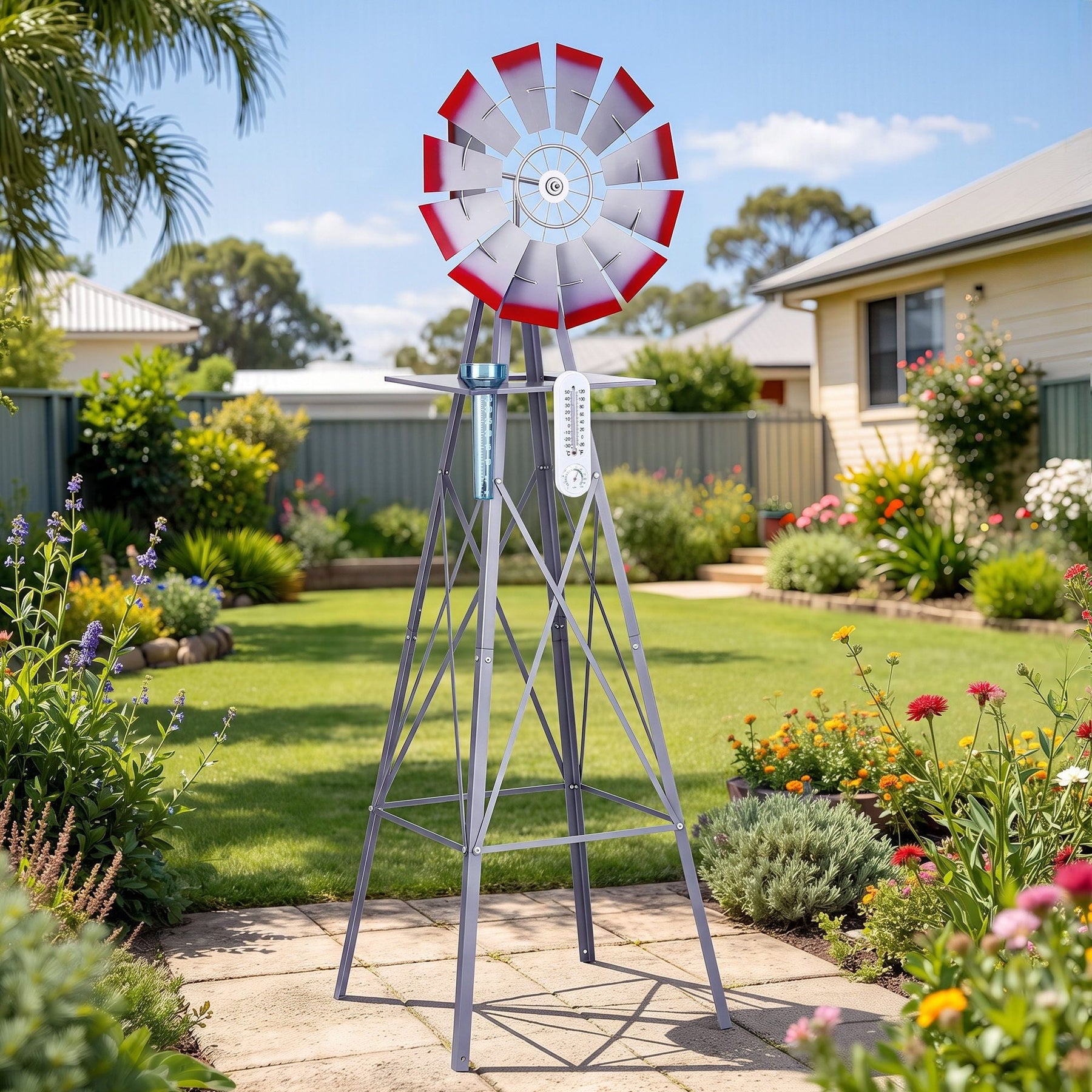 Gardeon Garden Windmill Metal Weather Station with Rain Gauge 182cm Silver - SportZone.co.nz