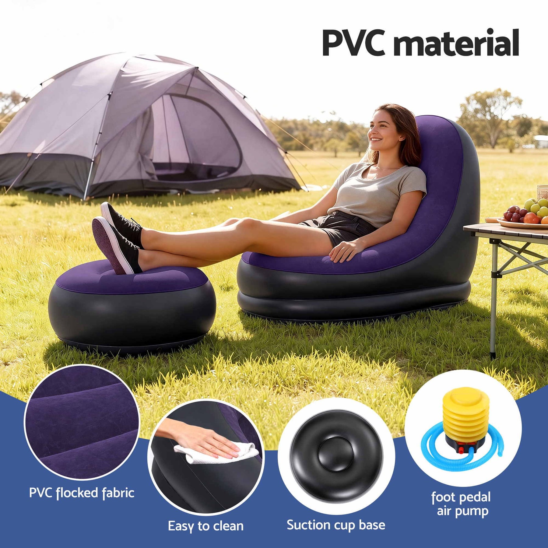 Gardeon Inflatable Air Chair with Ottoman & Pump Purple - SportZone.co.nz