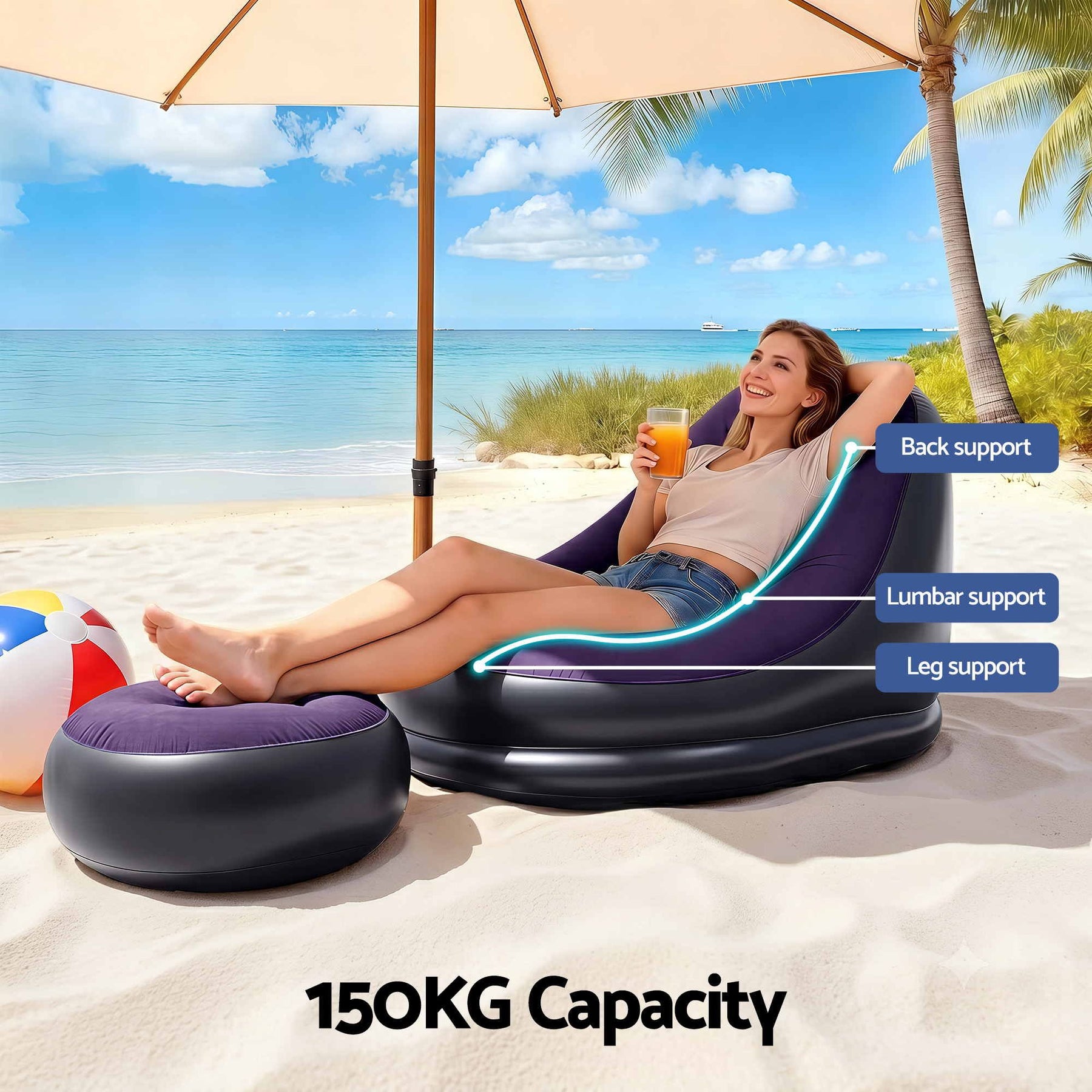 Gardeon Inflatable Air Chair with Ottoman & Pump Purple - SportZone.co.nz