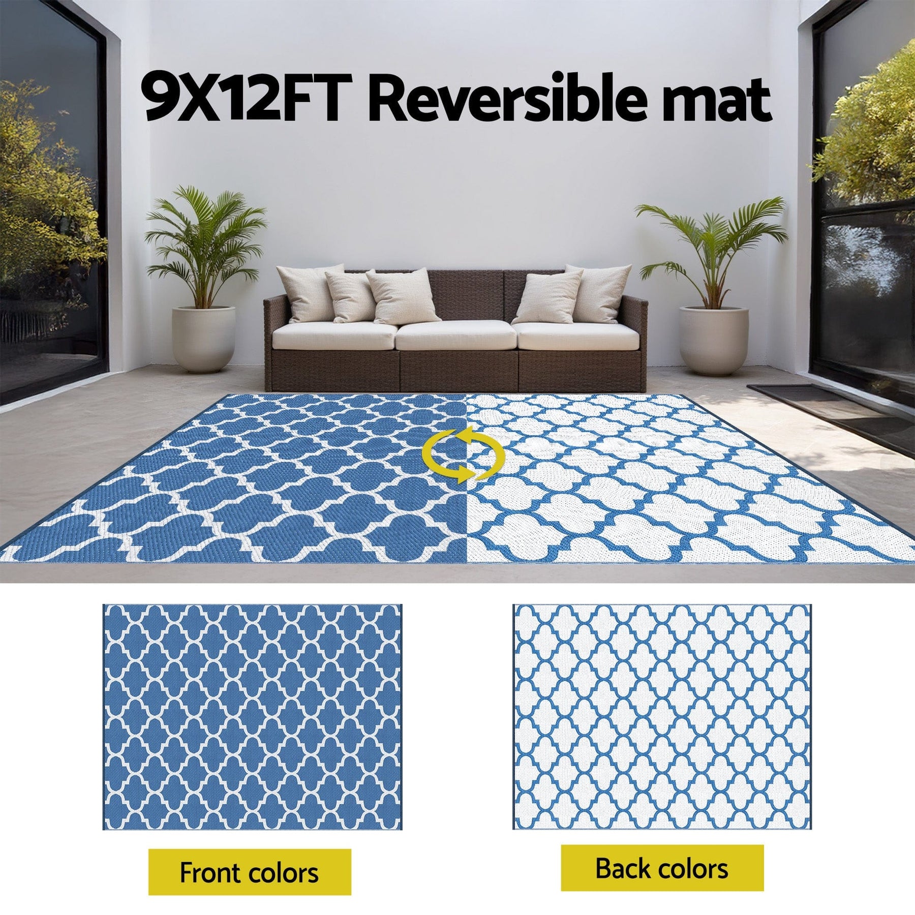 Gardeon Outdoor Rugs 274x366cm Large Carpet Reversible Area Mat PP Dual - Sided Patio Rug Blue - SportZone.co.nz