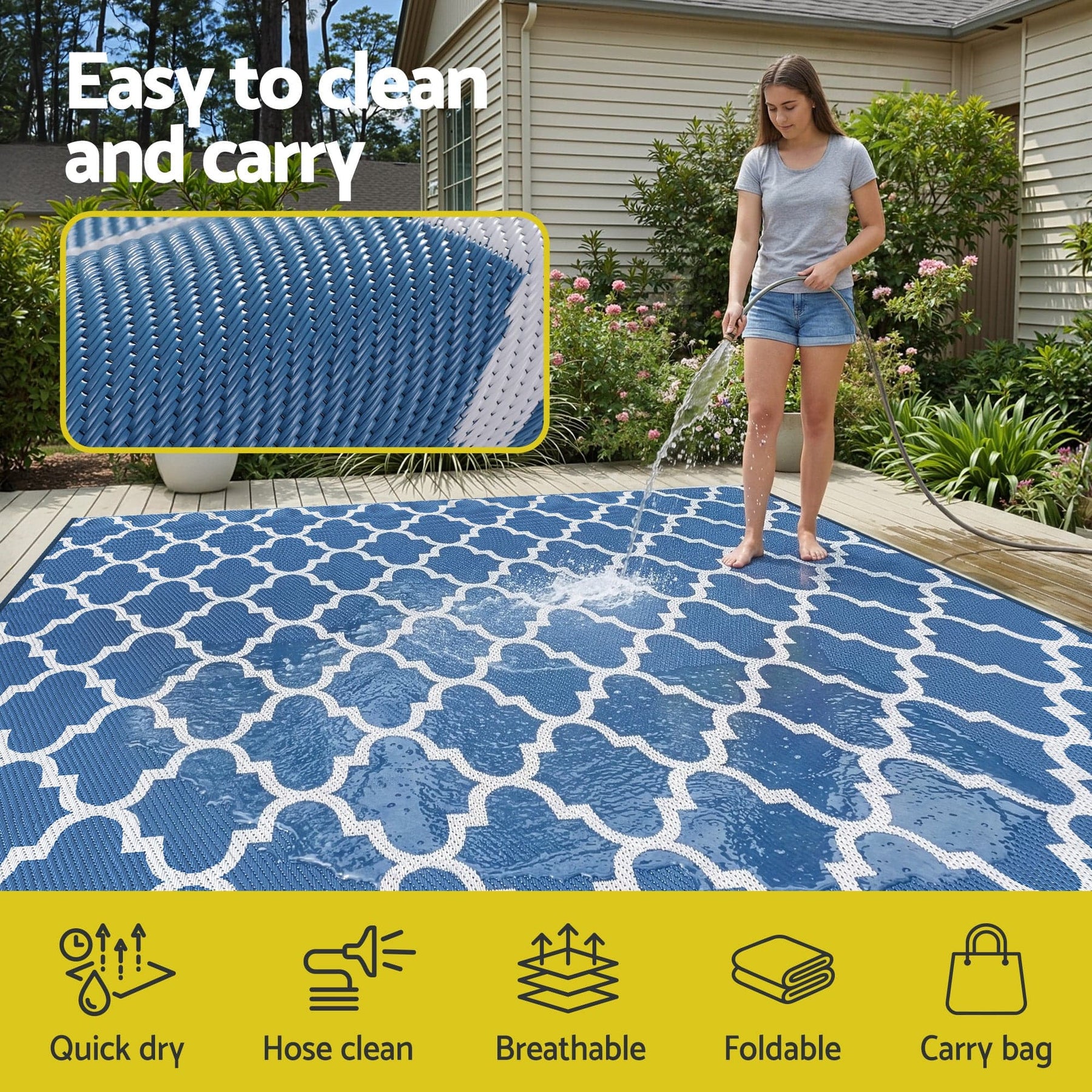Gardeon Outdoor Rugs 274x366cm Large Carpet Reversible Area Mat PP Dual - Sided Patio Rug Blue - SportZone.co.nz