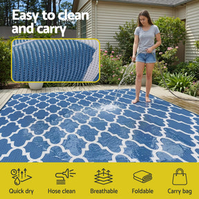 Gardeon Outdoor Rugs 274x366cm Large Carpet Reversible Area Mat PP Dual - Sided Patio Rug Blue - SportZone.co.nz