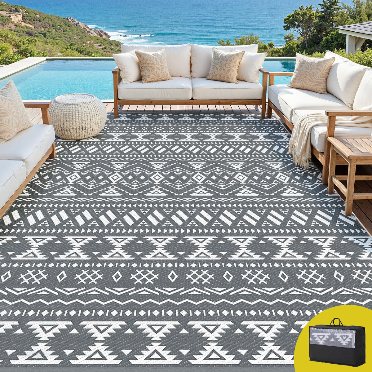 Gardeon Outdoor Rugs 274x366cm Large Carpet Reversible Area Mat PP Dual - Sided Patio Rug Bohemian - SportZone.co.nz