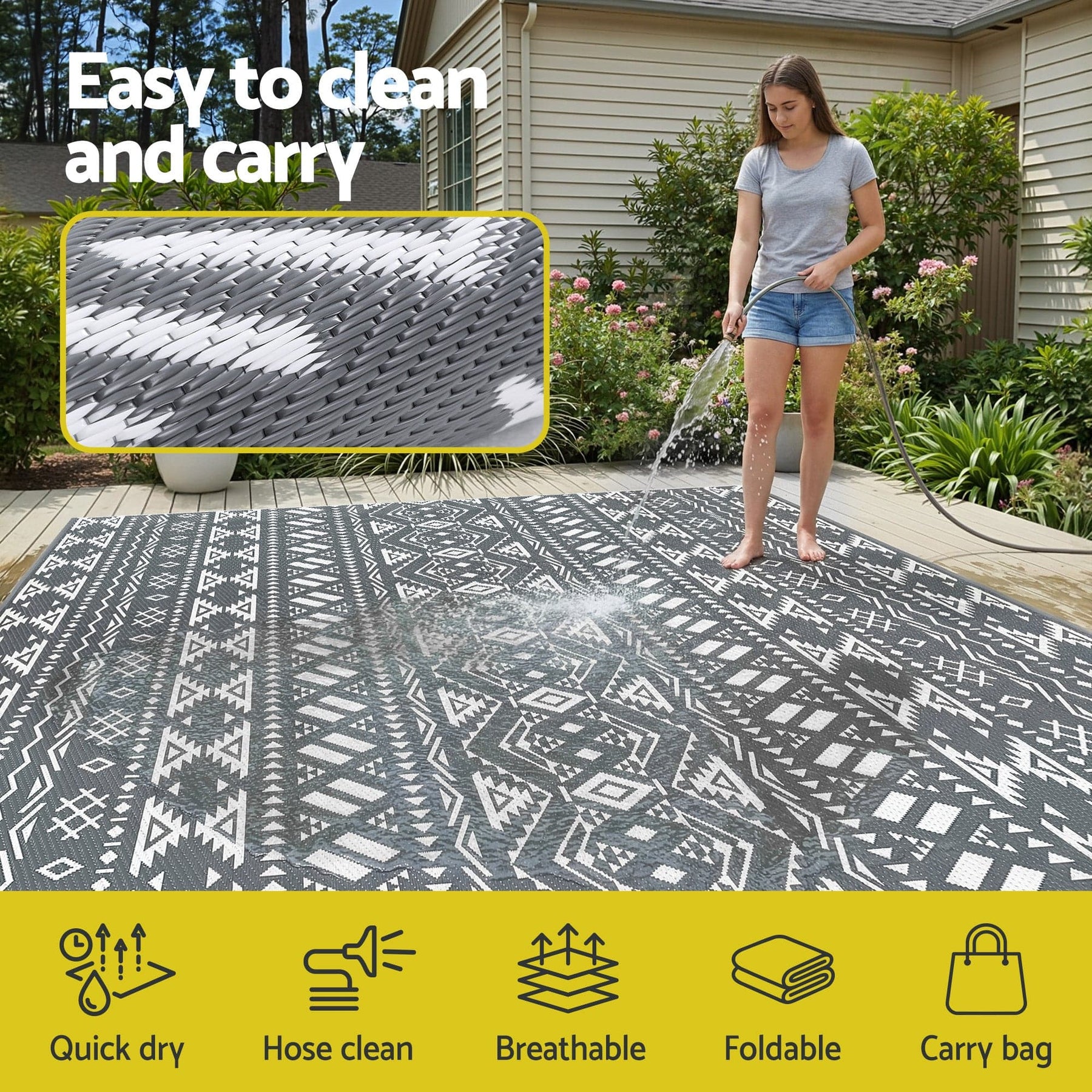 Gardeon Outdoor Rugs 274x366cm Large Carpet Reversible Area Mat PP Dual - Sided Patio Rug Bohemian - SportZone.co.nz