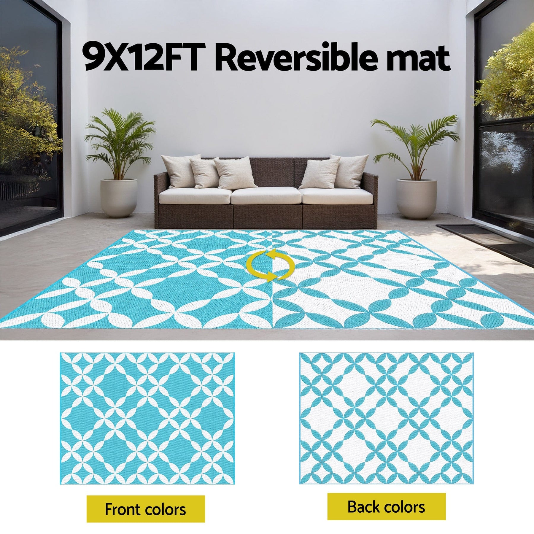 Gardeon Outdoor Rugs 274x366cm Large Carpet Reversible Area Mat PP Dual - Sided Patio Rug Light Blue - SportZone.co.nz
