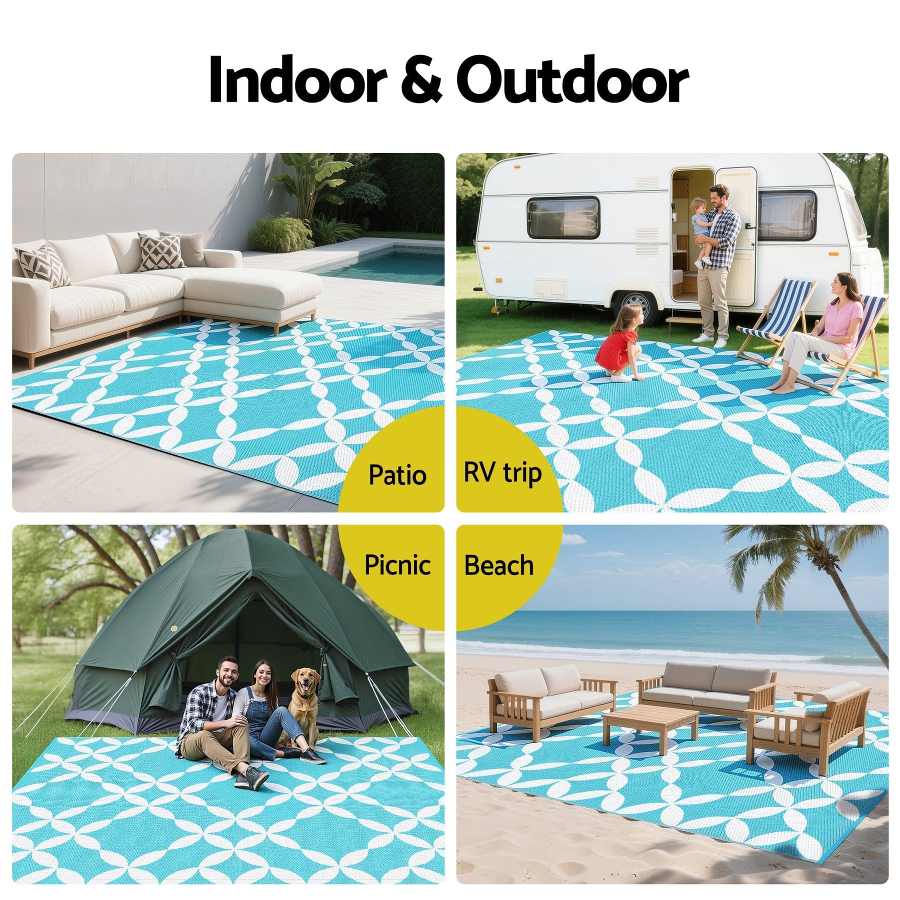 Gardeon Outdoor Rugs 274x366cm Large Carpet Reversible Area Mat PP Dual - Sided Patio Rug Light Blue - SportZone.co.nz