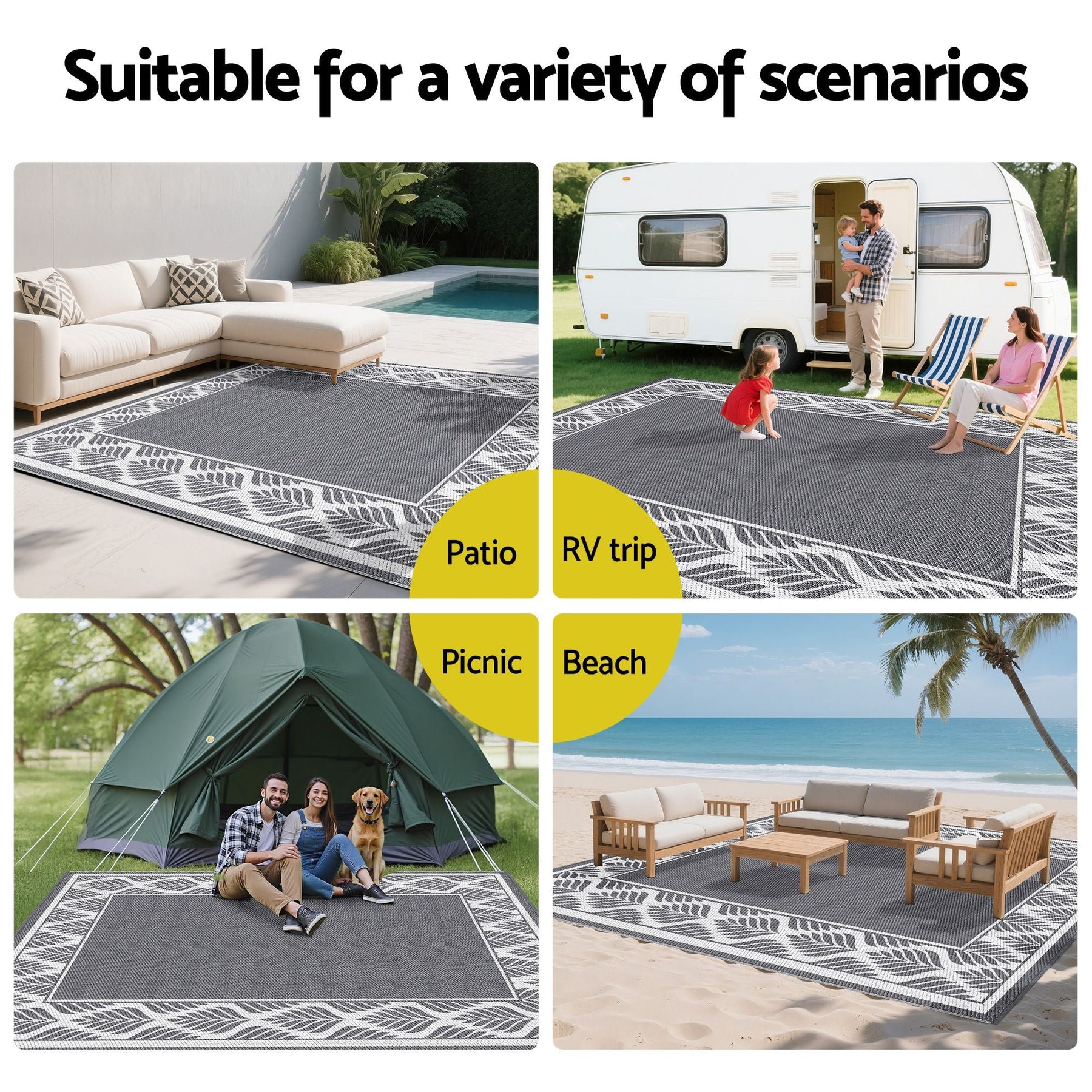 Gardeon Outdoor Rugs 274x366cm Large Carpet Reversible PP Dual-Sided Area Mat Patio Rug Grey - SportZone.co.nz