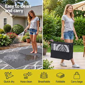 Gardeon Outdoor Rugs 274x366cm Large Carpet Reversible PP Dual-Sided Area Mat Patio Rug Grey - SportZone.co.nz