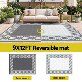 Gardeon Outdoor Rugs 274x366cm Large Carpet Reversible PP Dual-Sided Area Mat Patio Rug Grey - SportZone.co.nz