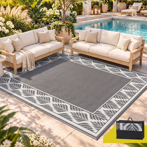 Gardeon Outdoor Rugs 274x366cm Large Carpet Reversible PP Dual-Sided Area Mat Patio Rug Grey - SportZone.co.nz