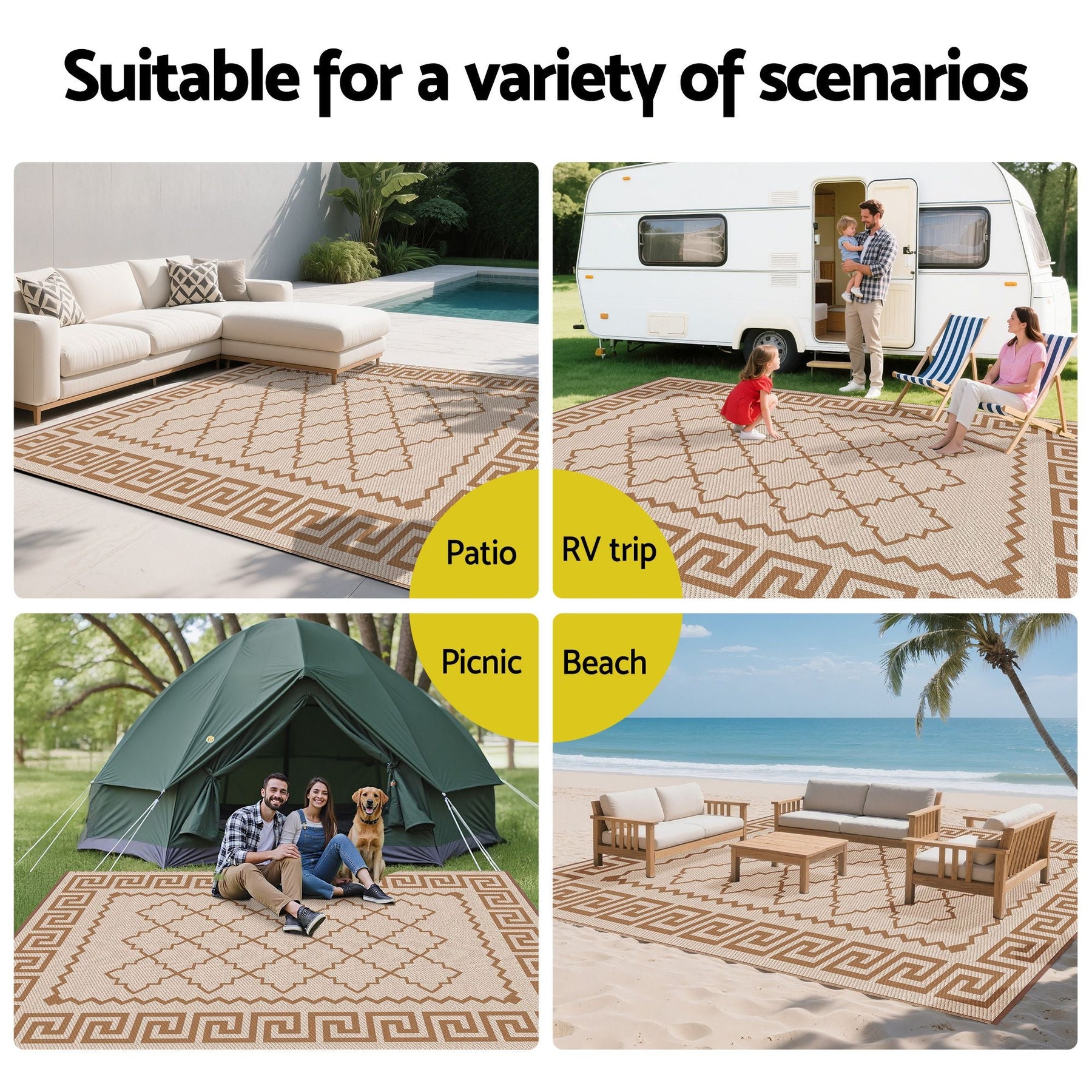 Gardeon Outdoor Rugs 274x366cm Large Carpet Reversible PP Dual-Sided Area Mat Patio Rug Khaki - SportZone.co.nz