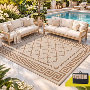 Gardeon Outdoor Rugs 274x366cm Large Carpet Reversible PP Dual-Sided Area Mat Patio Rug Khaki - SportZone.co.nz
