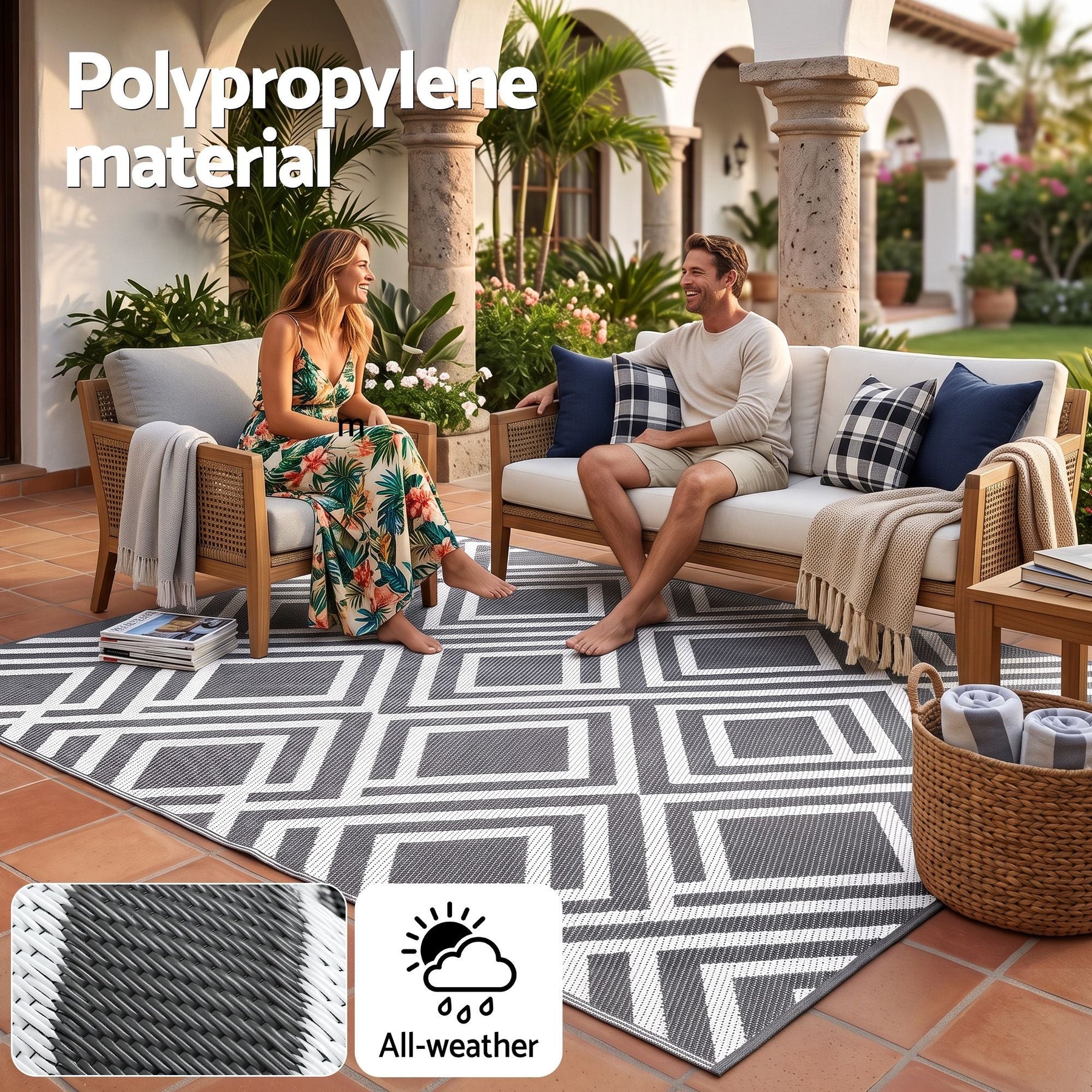 Gardeon Outdoor Rugs 274x366cm Reversible PP Dual-Sided Area Mat Large Carpet Patio Rug Grey - SportZone.co.nz