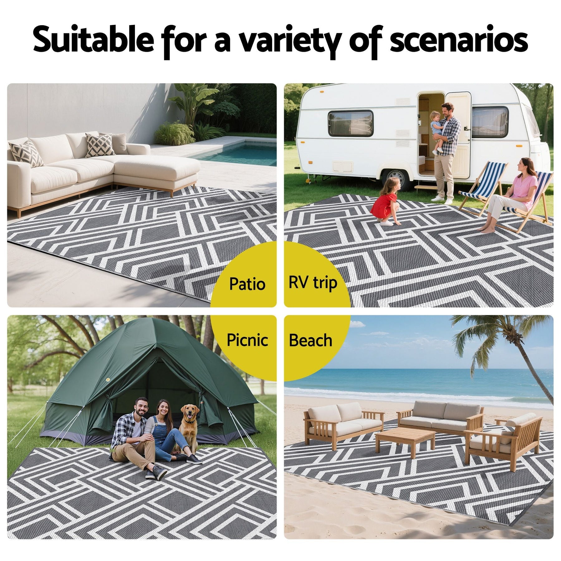 Gardeon Outdoor Rugs 274x366cm Reversible PP Dual-Sided Area Mat Large Carpet Patio Rug Grey - SportZone.co.nz