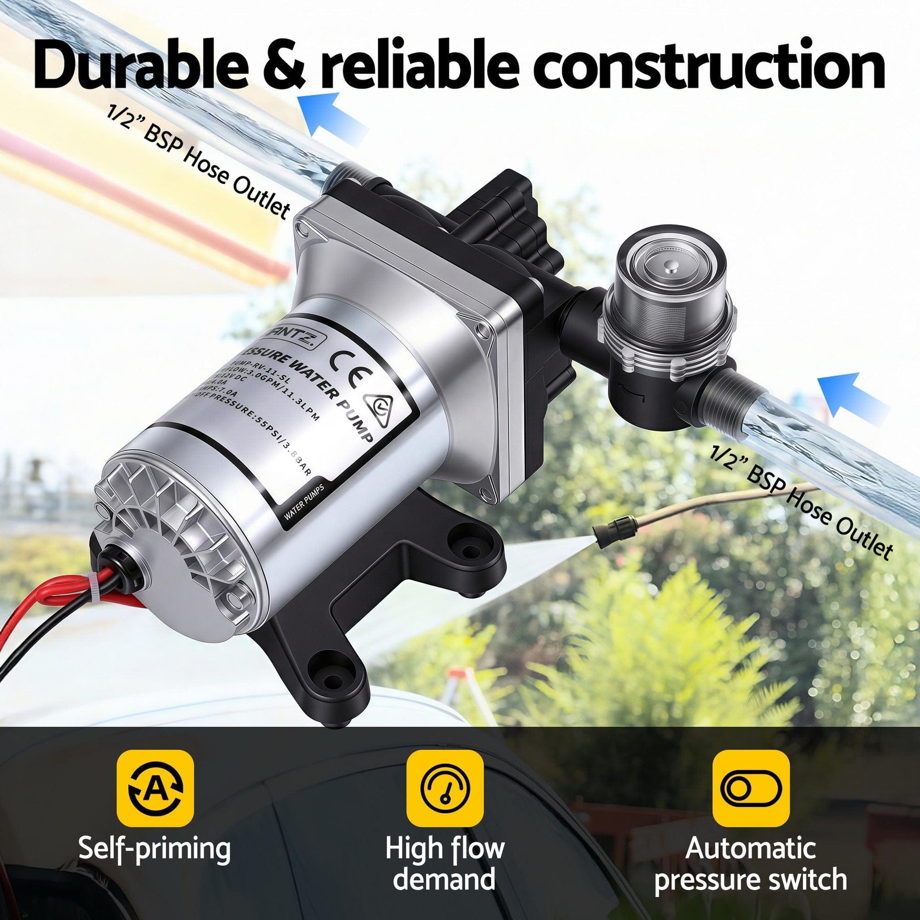 Giantz 12V DC Water Pump, 11.3LPM 55PSI 3 GPM Self - Priming RV Water Pressure Pump with Automatic Pressure Switch, for RV Marine Camping Yacht Garden Fresh Water Diaphragm, 2088 - 554 - 144 Replacement - SportZone.co.nz