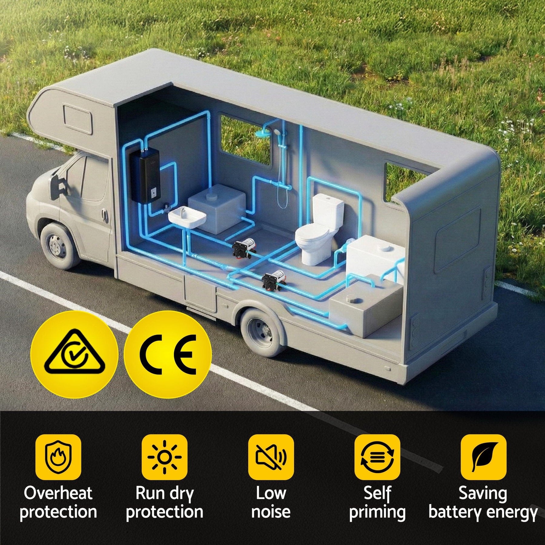 Giantz 12V DC Water Pump, 11.3LPM 55PSI 3 GPM Self - Priming RV Water Pressure Pump with Automatic Pressure Switch, for RV Marine Camping Yacht Garden Fresh Water Diaphragm, 2088 - 554 - 144 Replacement - SportZone.co.nz