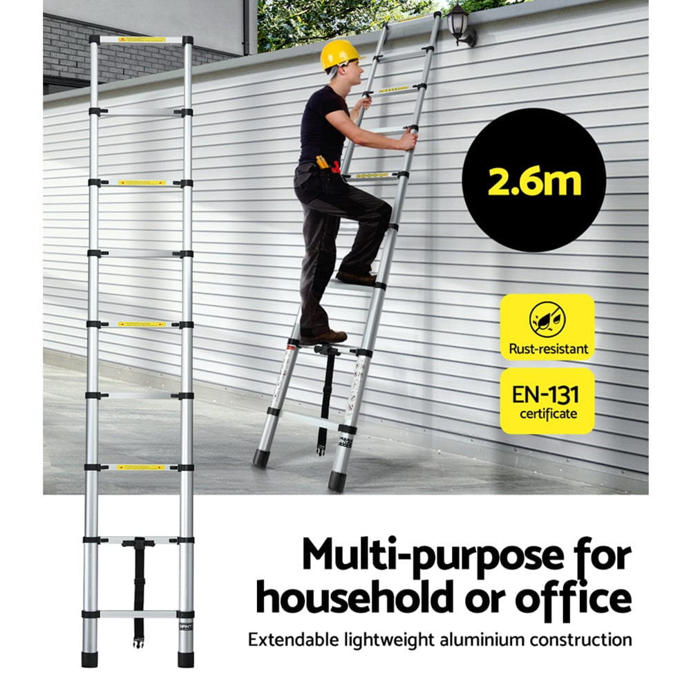 Giantz 2.6M Telescopic Ladder Aluminium Extension Extendable Steps Adjustable Height - SportZone.co.nz