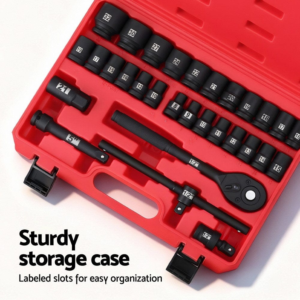 Giantz 30Pc 1/2" Drive Socket Set Cr - V Steel 8 - 32mm Workshop Repair - SportZone.co.nz