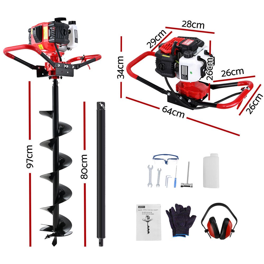 Giantz 65CC Post Hole Digger 200mm Petrol Drill Auger Extension Bits - SportZone.co.nz