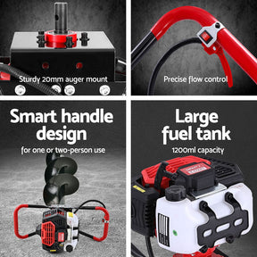 Giantz 65CC Post Hole Digger 300mm Petrol Drill Auger Extension Bits - SportZone.co.nz