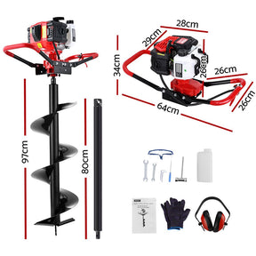 Giantz 65CC Post Hole Digger 300mm Petrol Drill Auger Extension Bits - SportZone.co.nz