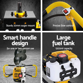 Giantz 74CC Post Hole Digger 300mm Petrol Drill Auger Extension Bits - SportZone.co.nz