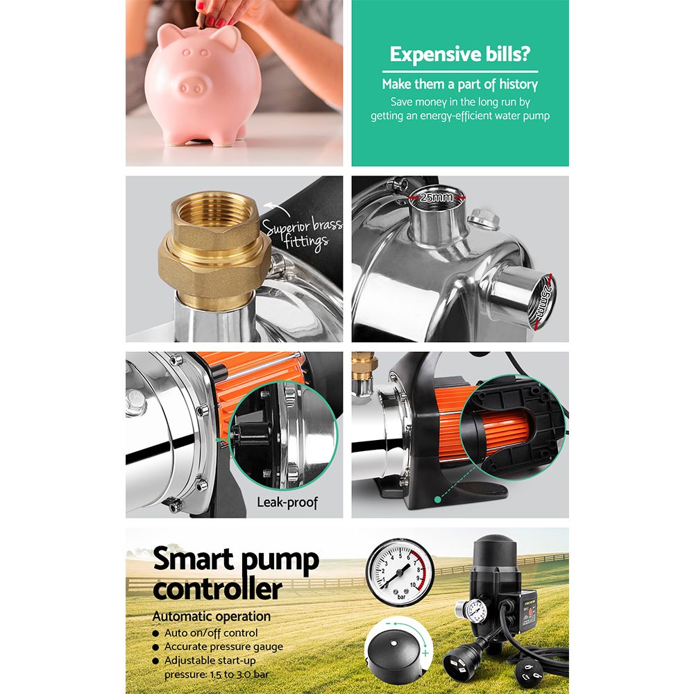 Giantz Garden Water Pump 1500W High Pressure Tank Rain Farm Irrigation Black - SportZone.co.nz