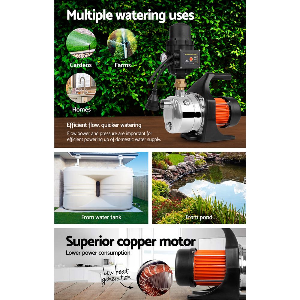 Giantz Garden Water Pump 1500W High Pressure Tank Rain Farm Irrigation Black - SportZone.co.nz