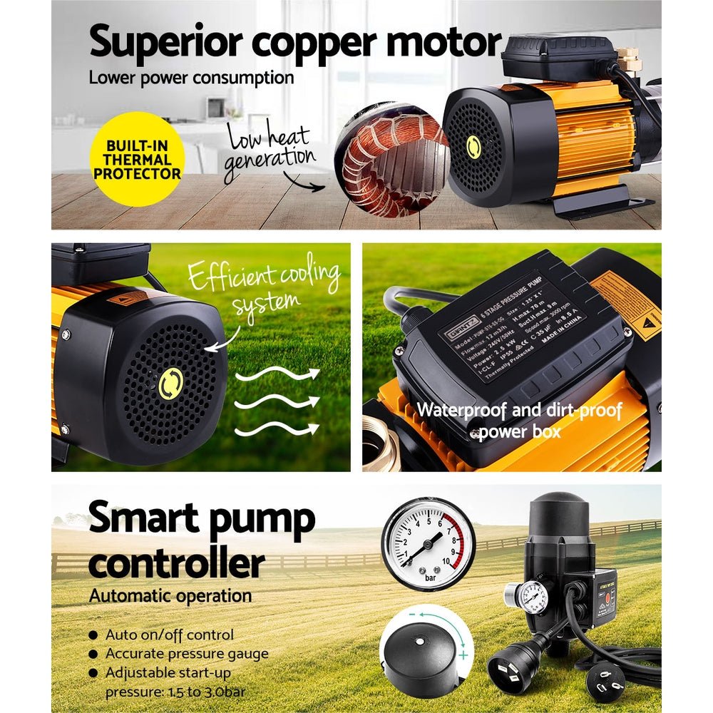 Giantz Garden Water Pump High Pressure 2000W 5-Stage Tank Irrigation Black - SportZone.co.nz