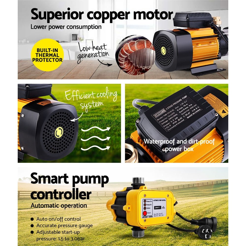 Giantz Garden Water Pump High Pressure 2500W 6-Stage Tank Irrigation Yellow - SportZone.co.nz