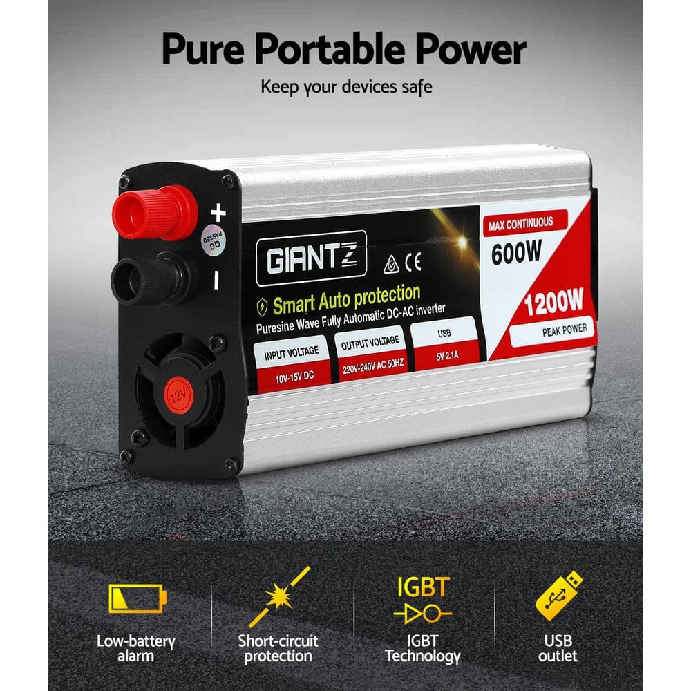 Giantz Power Inverter 600W/1200W 12V to 240V Pure Sine Wave Camping Car Boat - SportZone.co.nz