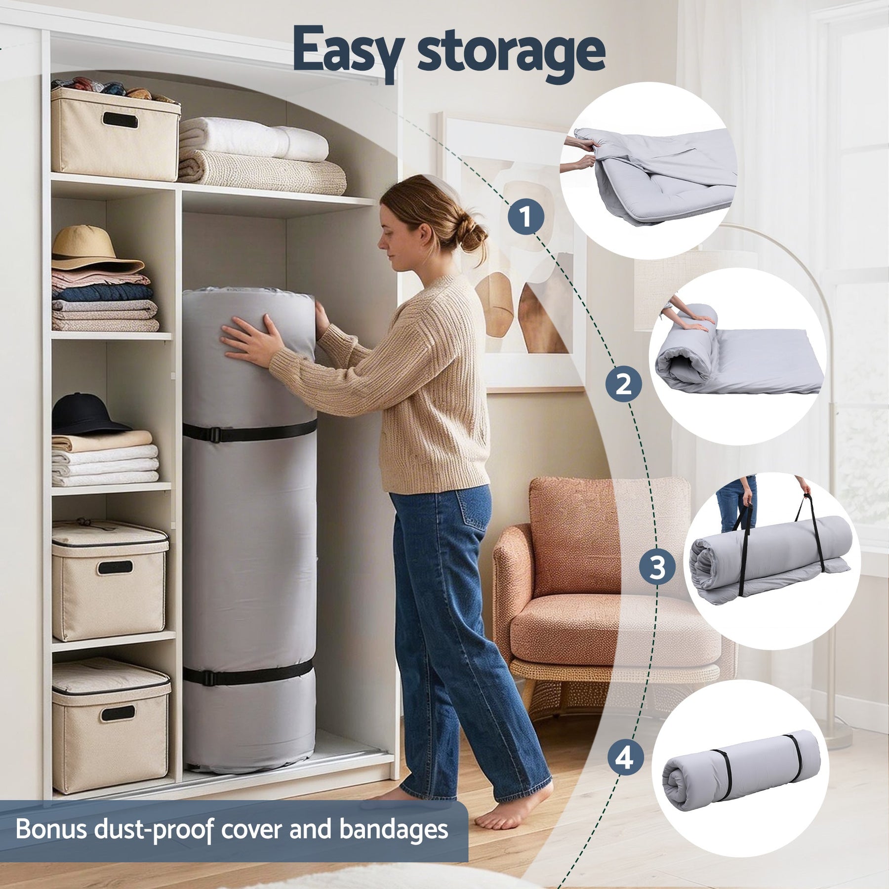 Giselle Bedding 10cm Japanese Floor Mattress Foldable Futon Mattress Washable Cover Straps - SportZone.co.nz