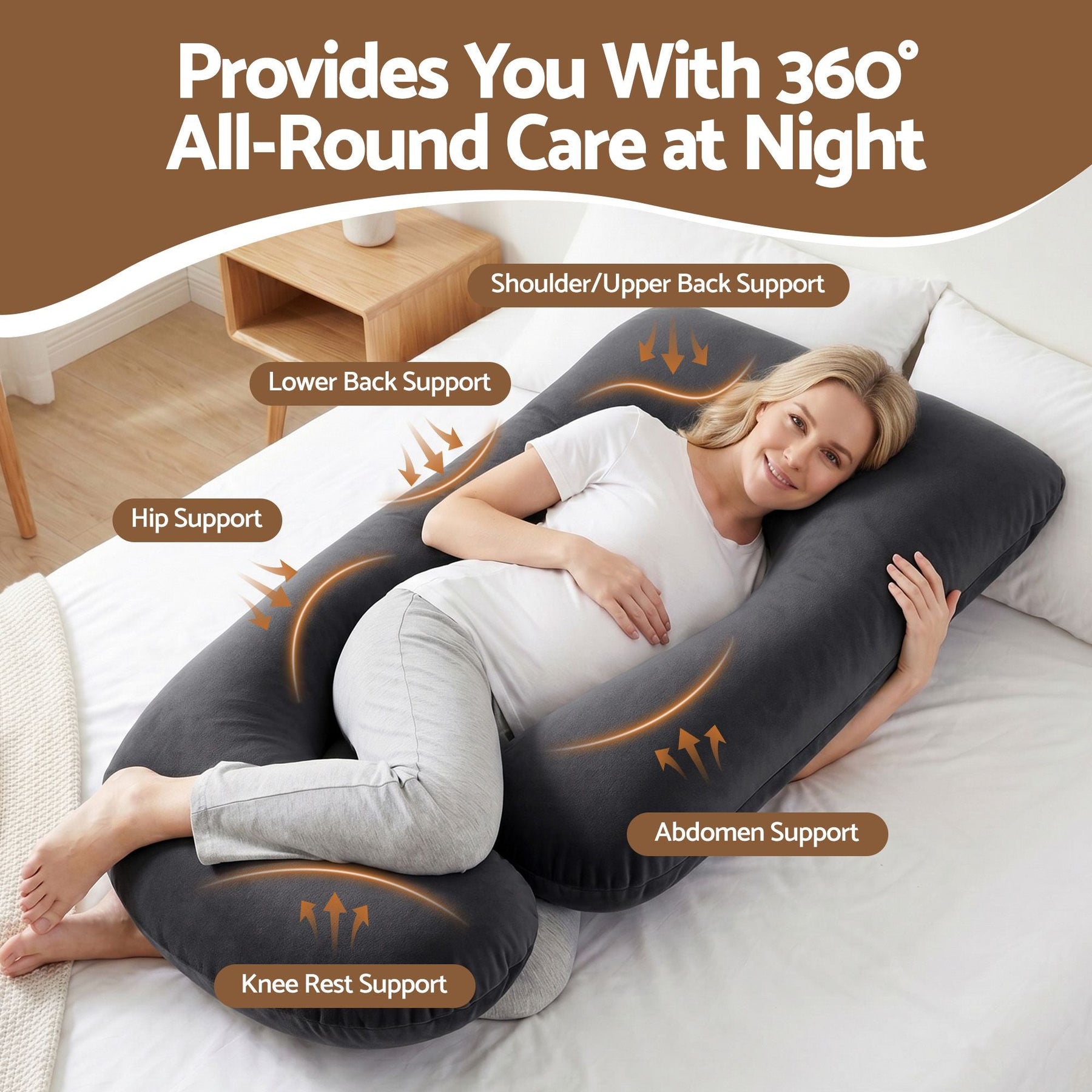 Giselle Bedding G-Shaped Pregnancy Pillow with Removable Cover Dark Grey - SportZone.co.nz
