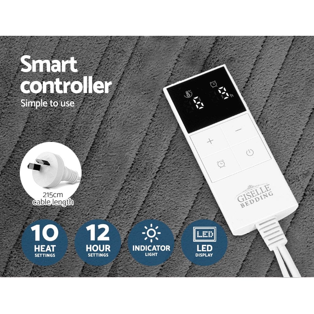 Giselle Bedding Heated Electric Throw Rug Fleece Sunggle Blanket Washable Silver - SportZone.co.nz