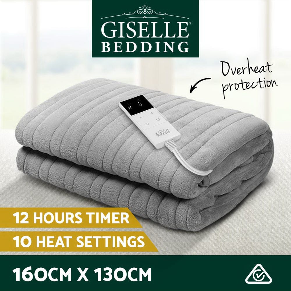 Giselle Bedding Heated Electric Throw Rug Fleece Sunggle Blanket Washable Silver - SportZone.co.nz