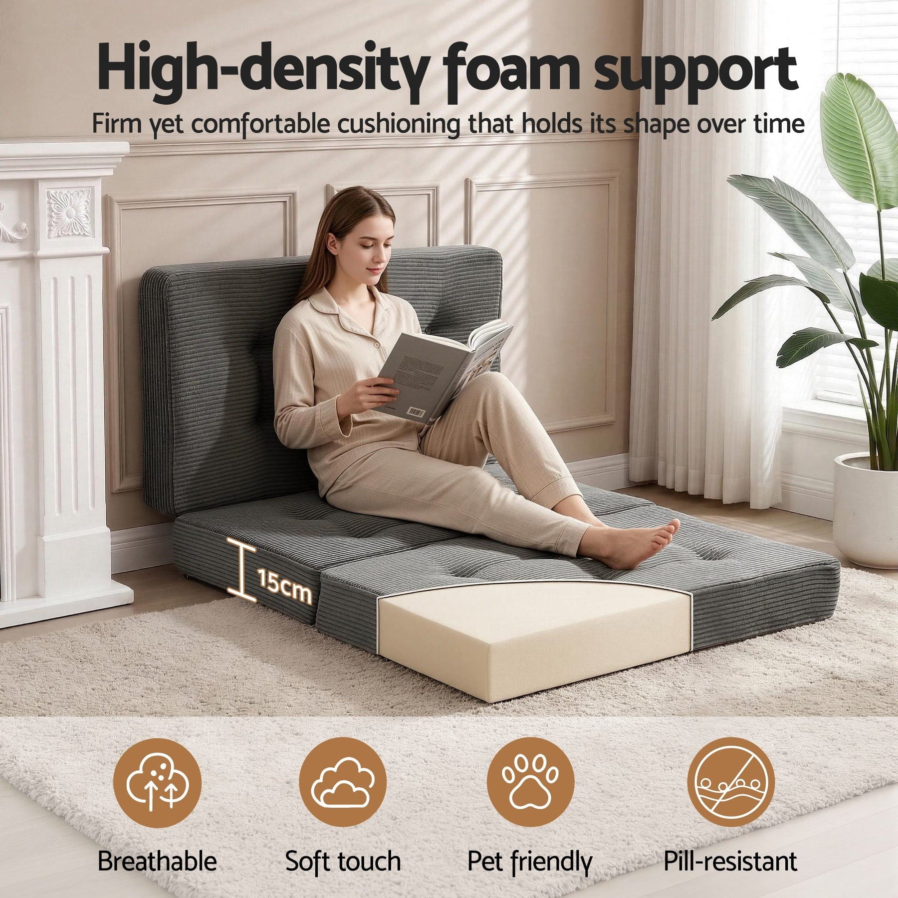 Giselle Single Folding Mattress 15cm Foldable Foam Portable Guest Sofa Bed Camping Mat - SportZone.co.nz