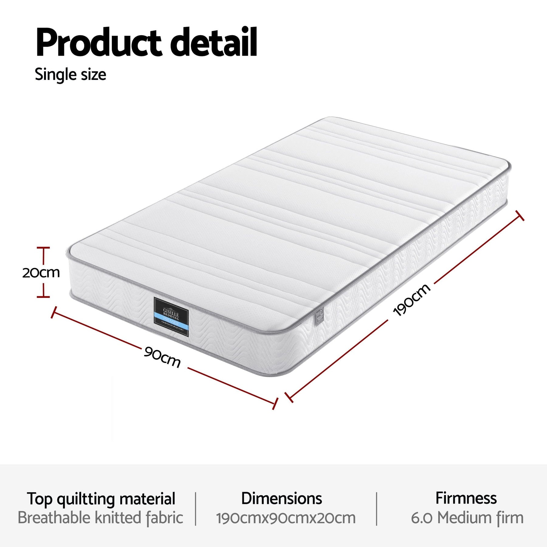 Giselle Single Mattress 20cm with Reinforced Edge Support Egg - Crate Foam - SportZone.co.nz