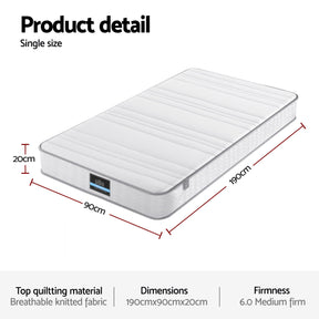 Giselle Single Mattress 20cm with Reinforced Edge Support Egg - Crate Foam - SportZone.co.nz